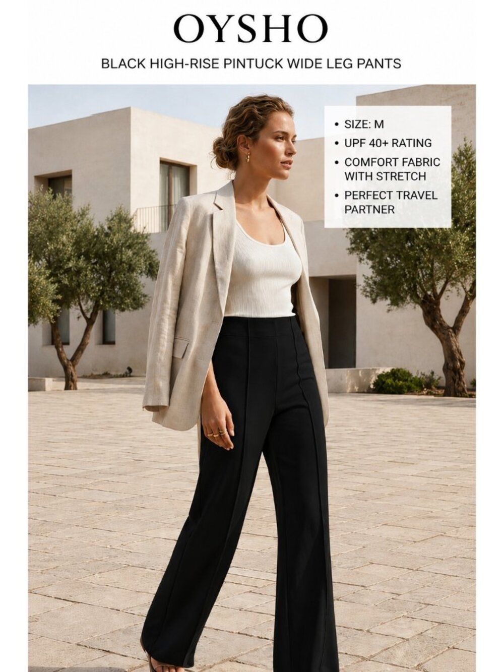 Oysho Pintuck Wide Leg Pants Black High Rise UPF 40+ Stretch Pull On Size M